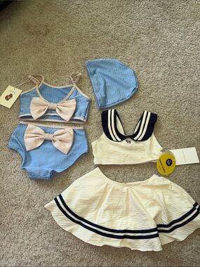 Kids Swim Set in Light Blue and Cream with Navy Trim